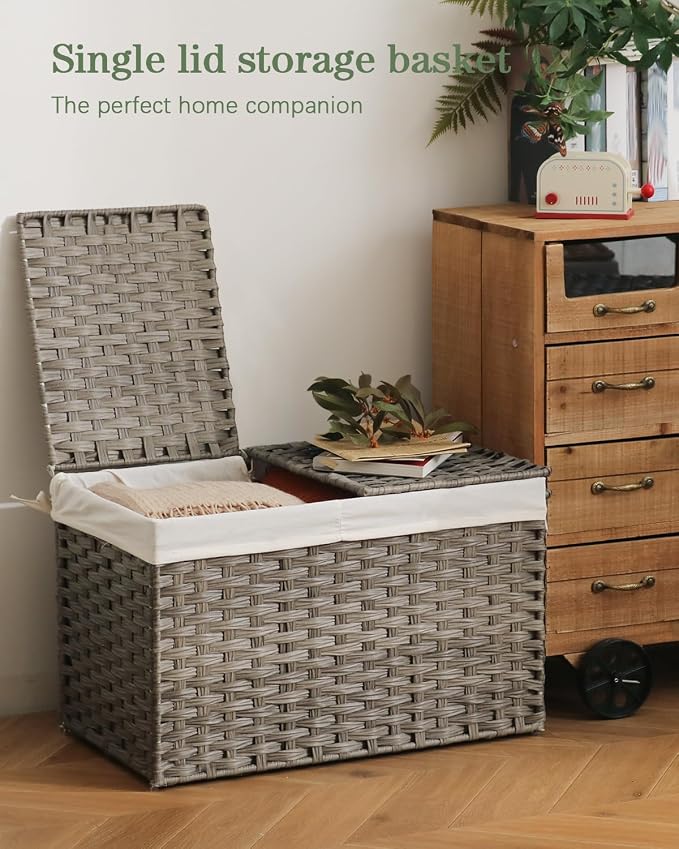SETVSON Storage Basket with Lid Wicker Baskets for Storage with 2 Separate Lid 42.3 Gallon (160 L) 29.9 x 17.3 x 18.1 Inches Rattan Woven Large Wicker Basket with 2 Liners for Bedroom Laundry Gray