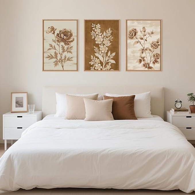 Vintage Botanical Floral Framed Canvas Print Wall Art Set,Retro Brown Rose Flowers Wall Decor,Nature Modern Elegant Poppy Boho Wildflower Artwork for Living Room,Bedroom,Office-24 x36 x3