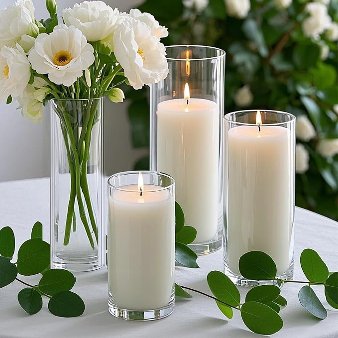 Homjoy 12 PCS White Pillar Candles with Glass Candle Holders Clear Hurricane Candle Holders Glass Cylinder Vases for Centerpieces Wedding Party, Event, Home Office (6 Candles+6 Candle Hoders)