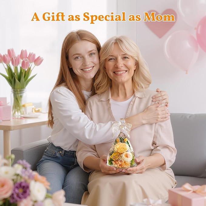 TranquilBliss Gifts for Mom, Flowers for Mother’s Day, Preserved Rose in Glass Dome with Light, Angel Figurines for Her Birthday, Valentine’s Day for Wife, Grandma, Women - Champagn