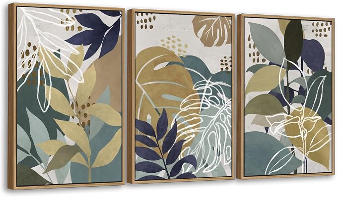 Large Botanical Wall Art for Living Room Natural Wood Float Framed Art Set of 3 Tropical Plant Pictures Boho Artwork Green Brown Leaf Canvas Prints for Bedroom Kitchen Home Office Wall Decor 32"X48"X3