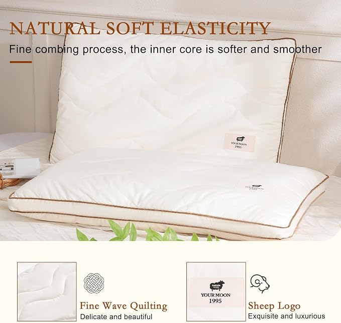 YOUR MOON Soft Natural Wool Pillow Queen Size, Flat & Thin Wool Pillow for Sleeping, Soft Breathable Cotton Cover, Low-Loft Bed Pillows for Stomach and Back Sleepers(Off White)