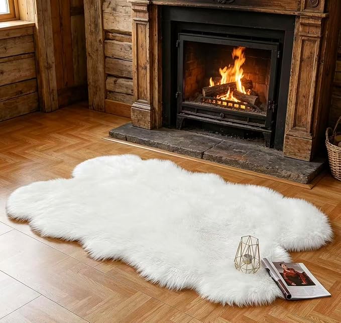 Faux Fur Rug White Fluffy Sheepskin Area Rug,Ultra Soft Shaggy Plush Rug Bedroom Living Room Sofa Floor Kids Room Bedside（4 x 6 ft Sheepskin）