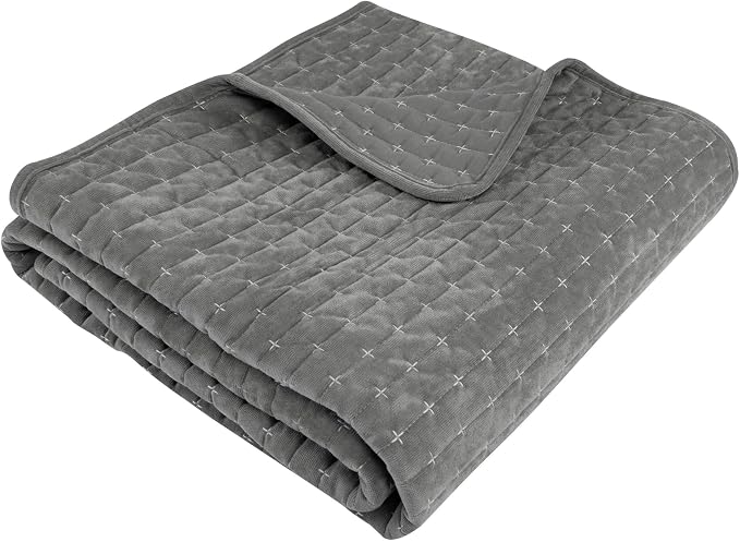 Levtex Home - Velvet Stitch Throw - Quilted Throw (50x60in.) - Velvet - Grey White - Reversible - Polyester