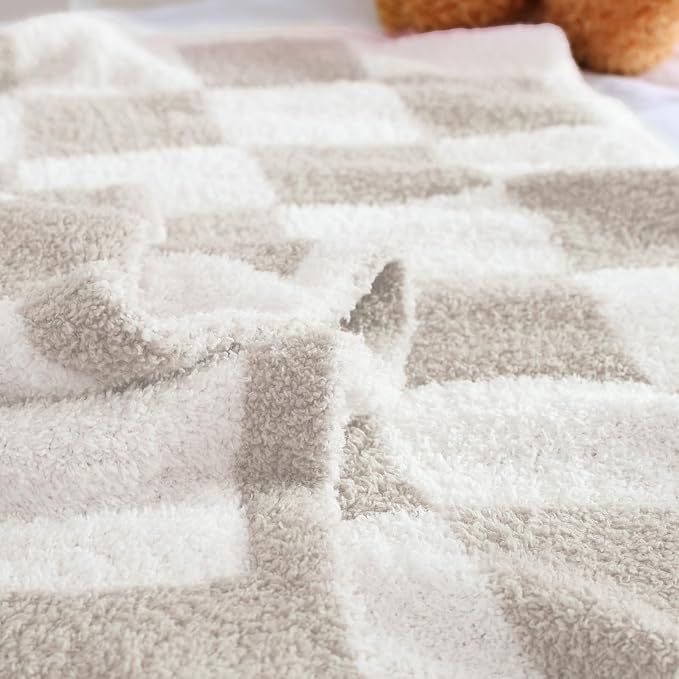 WRENSONGE Soft Checkered Throw Blanket for Couch-Cozy Warm Knitted Blankets | Lightweight Fluffy Decor for Boys & Girls, Sofa, Chair, Bed, 30x40in,Taupe