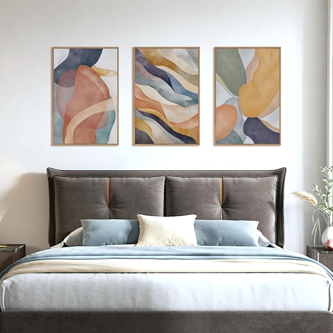 LHIUEM Large Abstract Neutral Framed Canvas Wall Art Set,Colorful Watercolor Block Wall Decor,Boho Geometric Illustrations Artwork for Living Room,Bedroom,Dining Room,Office - 24"x36"x3