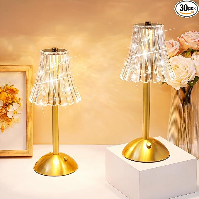 Liliful 30 Pcs Cordless Table Lamp Rechargeable Touch LED Small Gold Portable Battery Operated USB-c Desk Lamp 3 Color Dimmable for Bedroom Living Room Dining (Gold,Rose Style)