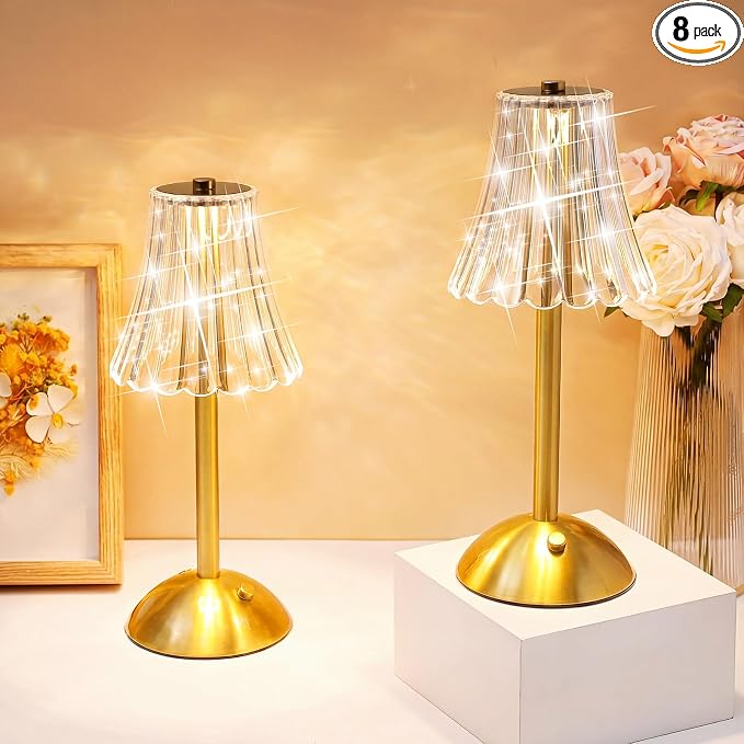 Liliful 8 Pcs Cordless Table Lamp Rechargeable Touch LED Small Gold Portable Battery Operated USB-c Desk Lamp 3 Color Dimmable for Bedroom Living Room Dining (Gold,Rose Style)