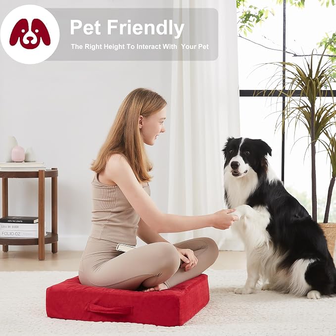 JKMAX 22 inches Floor Pillow for Adults - Large Meditation Cushion with Thick Foam & Soft Tufted Cover - Premium Outdoor Square Floor Cushion Seat - Yoga Pillows for Sitting On Floor - Burgundy