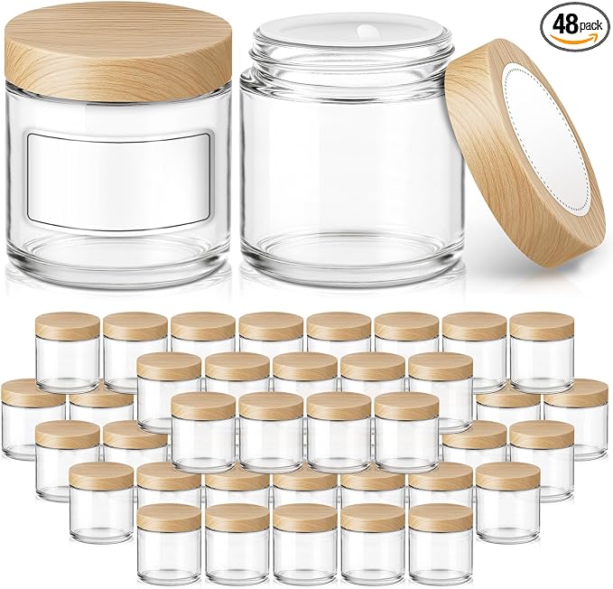 4 oz Glass Jar with Lids, 48 Pack Small Glass Candle Jars with Lids & Sticker, Empty Cosmetic Containers for Sample, Cream, Spice, Lotion, Ointments（Plastic Woodgrain）