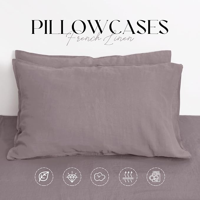 Linen World Linen Pillow Cases King Size - 20"x40" Set of 2,100% French Flax Pillowcase,Soft Breathable Natural Pillow Covers,Mauve Purple