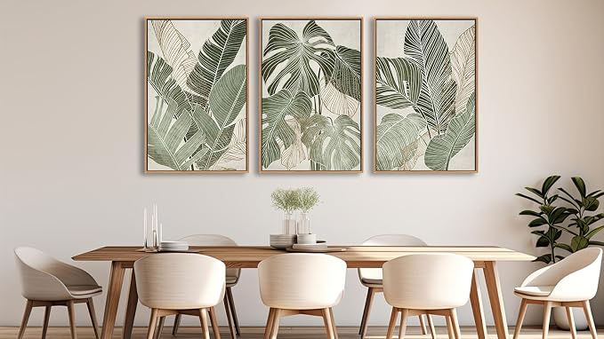 Large Framed Canvas Wall Art - Natural Float Framed Green Plantain Leaves Pictures Decor Brown Leaf Lines Artwork Paintings for Bedroom Living Room Kitchen Home Office Decoration 72" X 36" Set of 3