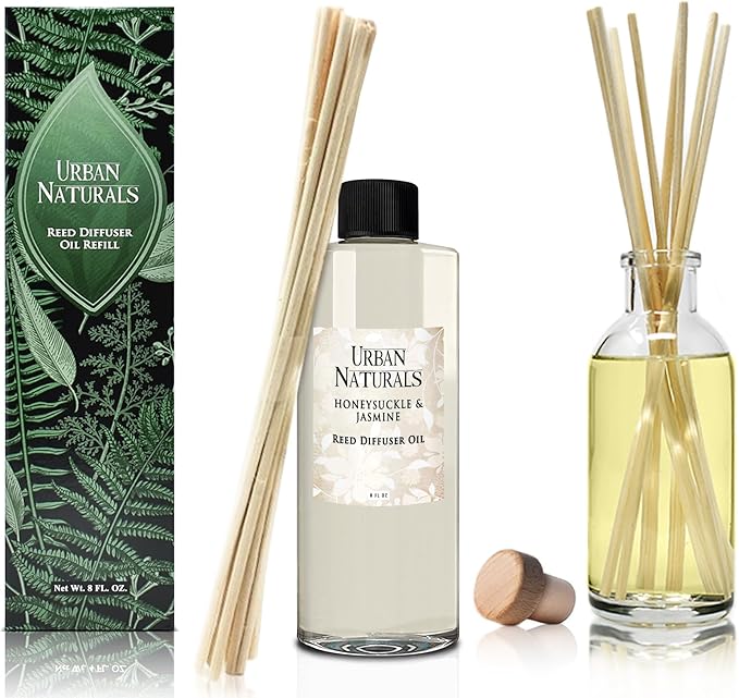 Urban Naturals Reed Diffuser Oil Refill Honeysuckle Jasmine with Hyacinth, Cassis, Neroli, Rose, Iris, Lily of the Valley 8 oz + Free Reed Sticks, Made in the USA