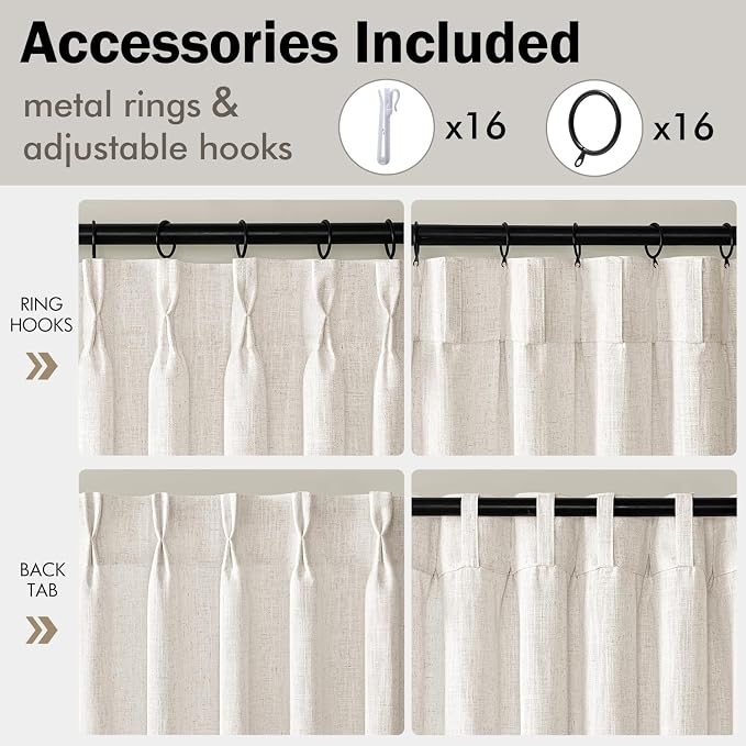 MIULEE Pinch Pleated Thick Linen Curtains 90 Inches Long 2 Panels for Living Room Bedroom, Memory Trained Pinch Pleat Drapes Back Tab Light Filtering Natural Ivory Cream Window Curtains with Hooks