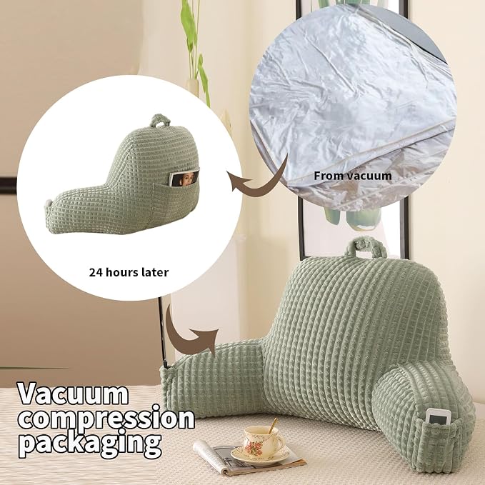 Reading Pillow with Arms for Sitting in Bed,Backrest,Green Flannel,M | 17" Backrest Supports Back for College Students,Elbows & Forearms for Dorm Reading,Gaming,Watching TV