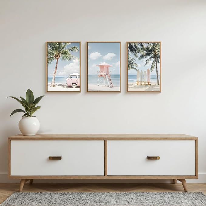 Large Beach Seascape Ocean Framed Canvas Wall Art Set,Modern Coastal Surfboard Palm Tree Wall Decor,Summer Pink Van Artwork for Living Room,Bedroom,Dining Room,Office-16 x24 x3