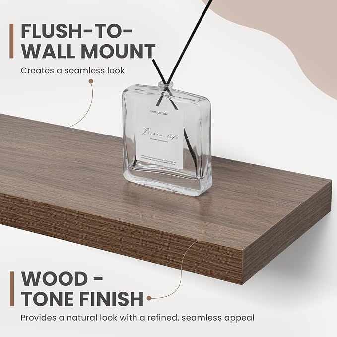 Acovy 48 Inch Floating Shelves, 8 Inch Deep Floating Shelves for Wall, Hanging Shelf with Invisible Brackets, Deep Shelves for Bathroom, Bedroom, Living Room, Walnut, Set of 2