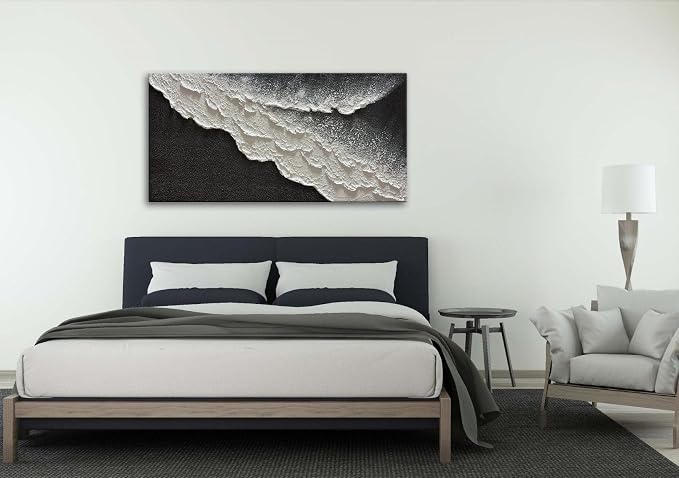 zoinart Hand Painted Black and White Textured Ocean Wave Wall Art 48x24 Inches Abstract Oil Paintings on Canvas Modern Beach Art for Living Room Bedroom Wall Decor
