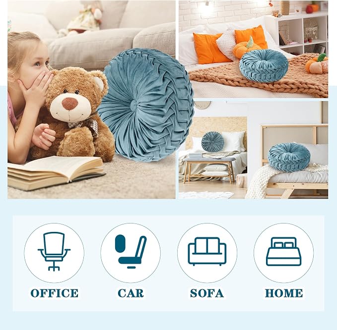 Drydiet 1 Pcs Round Throw Velvet Pillows Decorative Pleated Throw Pillows Diameter Accent Pumpkin Boho Chair Cushion for Couch Sofa Home Decoration (Dusty Blue,15'')