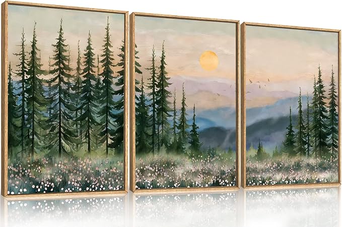 DRACIT Boho Sunset Forest Framed Canvas Wall Art Set,Natural Green Pine Tree Wall Decor,Modern Watercolor Mountain Landscape Artwork for Living Room,Bedroom,Office-16 x24 x3