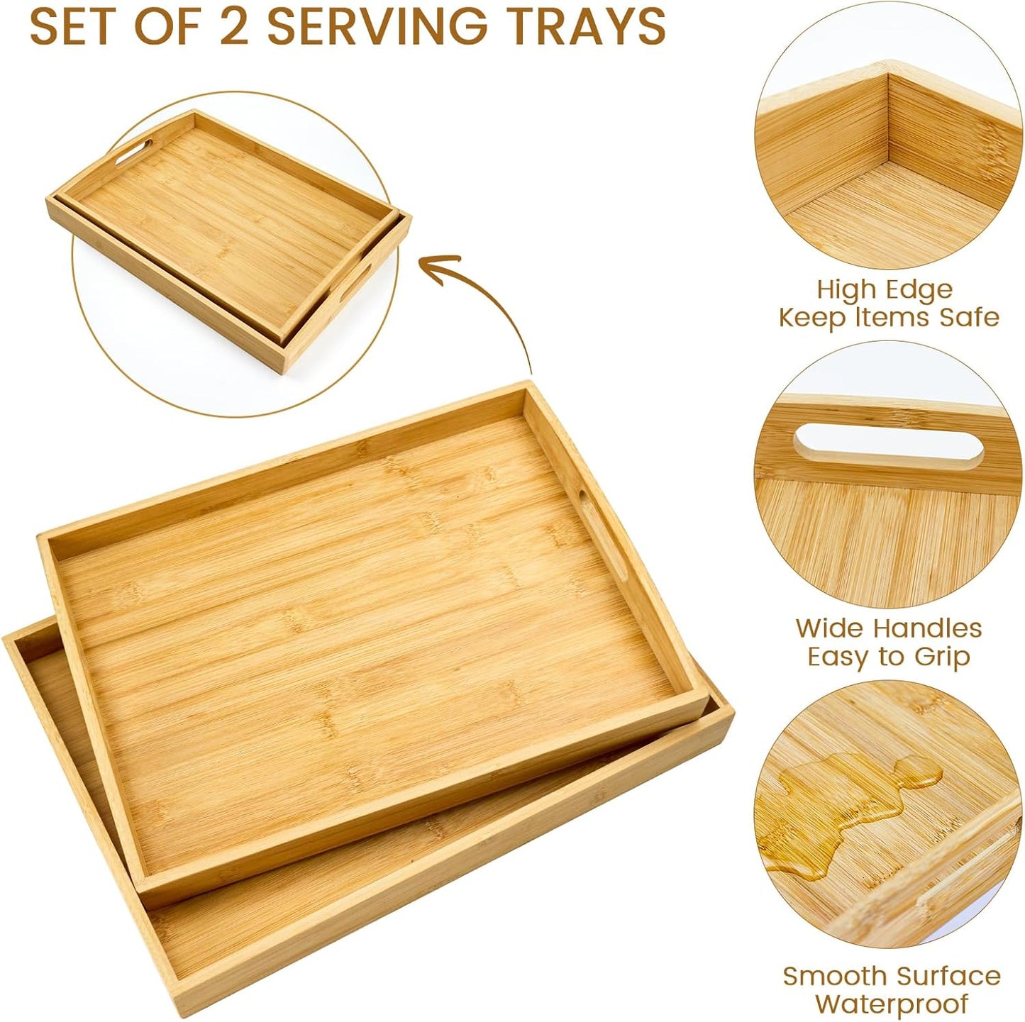 GOLD HONEY Bamboo Serving Tray with Handles Set of 2 - Decorative Wooden Tray for Living Room, Bathroom, Suitable for Used in Bedroom, Kitchen, Coffee Table, Working and Storing - 17x13in, 16x12in