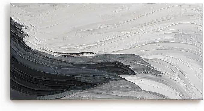 Modern Minimalist Black & White Ocean Wall Art, Large Abstract Wall Decor | Hand-Painted Oil Painting Canvas Artwork for Living Room Bedroom Office, Original Horizontal Coastal Wall Art Home Decor Gift