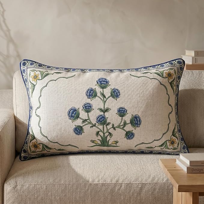 patdrea Designer Vintage Linen Throw Pillow Cover,12"x20",Set of 2-Ivar B | Decorative Pillow Case,Floral Pattern,White Pillow Cover for Couch Living Room Bedroom Sofa Outdoor