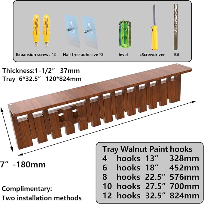 Wall Mounted Coat RackHooks Piano Key Hangers Natural Solid Wood Hanger Non-Woven Fabric Clothes Hangers for Closet, Kitchen, Bedroom, Bathroom, Entryway (Tray-Walnut, 12 Hooks)
