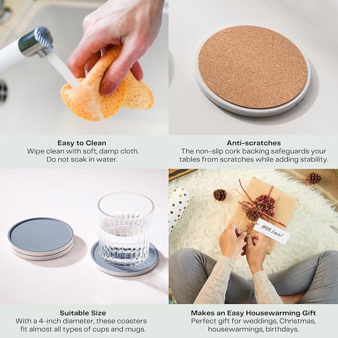 Set of 6 Dusty Blue Coasters with Holder, Absorbent Ceramic Drink Coasters with Cork Backing for Table Protection, Table Decor, Housewarming Gifts