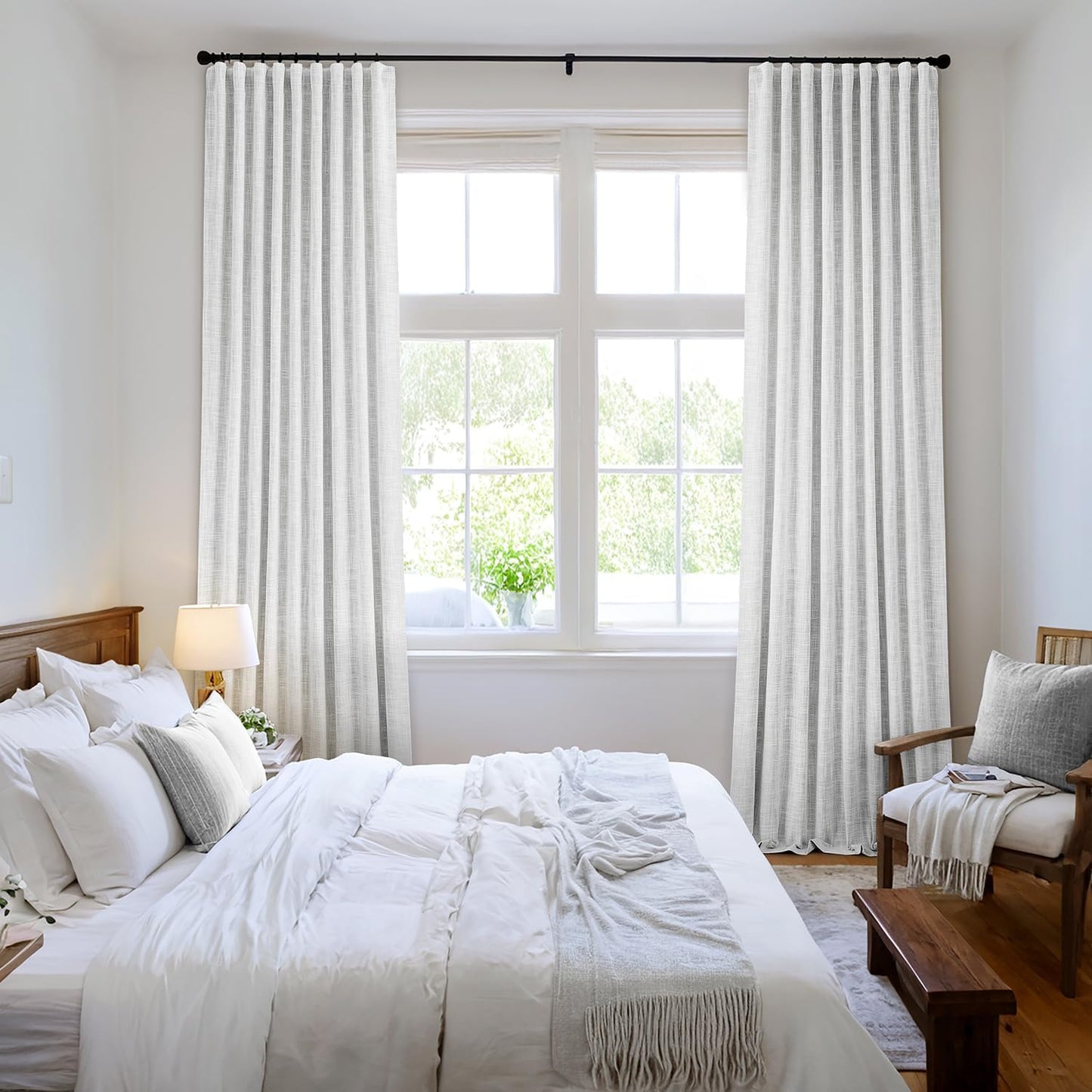 MIULEE Greyish White 100% Blackout Linen Curtains 108 Inch 2 Panels Set Double Sided No Coating Pleated Back Tab Black out Extra Long Thermal Insulated Pinch Pleat Bedroom Living Room Darkening Drapes