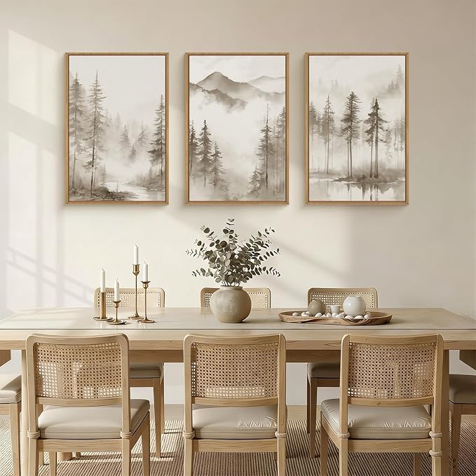 HPNIUB Foggy Mountain Forest Framed Wall Art Set, Abstract Misty Woodland Wall Decor,Neutral Pine Tree Farmhouse Art Print,Modern Nature Landscape Artwork for Living Room, Bedroom,Office-24 x36 x3