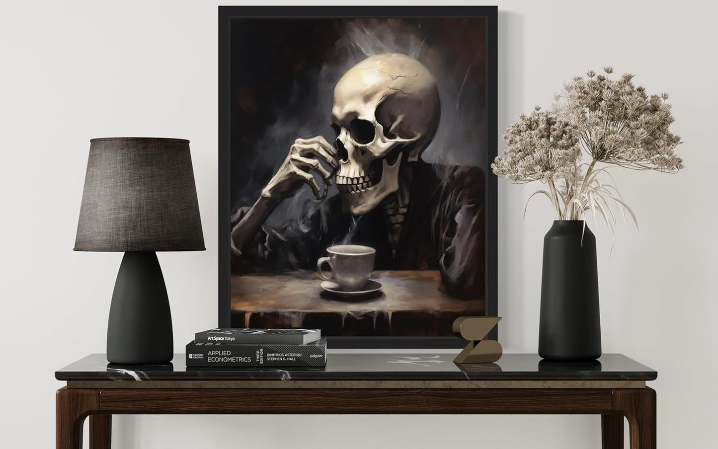 Skull Drinking Coffee Poster Art Print, Halloween Scary Vintage Wall Art Academia Spooky Painting Decoration for Horror Prints, Gothic Posters Bedroom Decor 89 (Skull Drinking Coffee, 8 x 10 inches, Unframed)