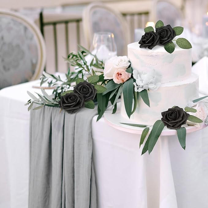 Mocoosy 50Pcs Black Roses Artificial Flowers, Fake Roses for Decorations, Real Touch Foam Rose Bulk with Stem Gothic Wedding Bouquet DIY Floral Arrangement Bridal Shower Mother's Day Party Table Decor