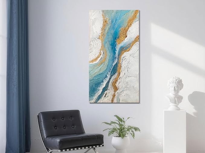 Arjun Abstract Wall Art for Living Room Blue Minimalism White Gold Canvas Painting Bedroom, Modern Picture Prints with Textured Artwork Framed Hallway Kitchen Home Office Decor 40“x20”