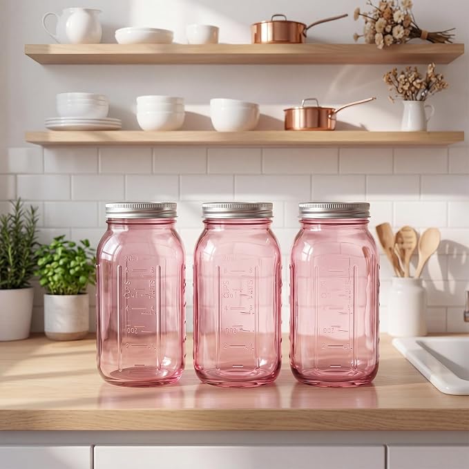 Norme 6 Pcs 64 oz Glass Mason Jars Glass Mason Jars Canning Container Set Embossed Half Gallon Fermenting Container with Airtight Lids for Canning Freezing Preserving Beverages Decor (Pink)