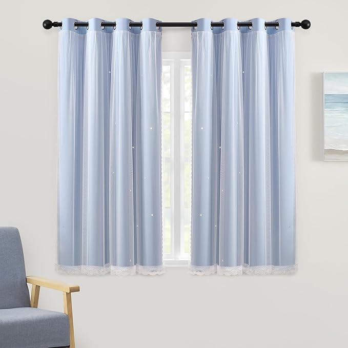 XiDi Light Blue Blackout Curtains for Girls Bedroom Living Room 63 Inches Long 2 Panels Star Curtains Boys Kids Room Darkening Thermal Insulated Drapes Grommet Noise Reduction Window Treatments 34x63