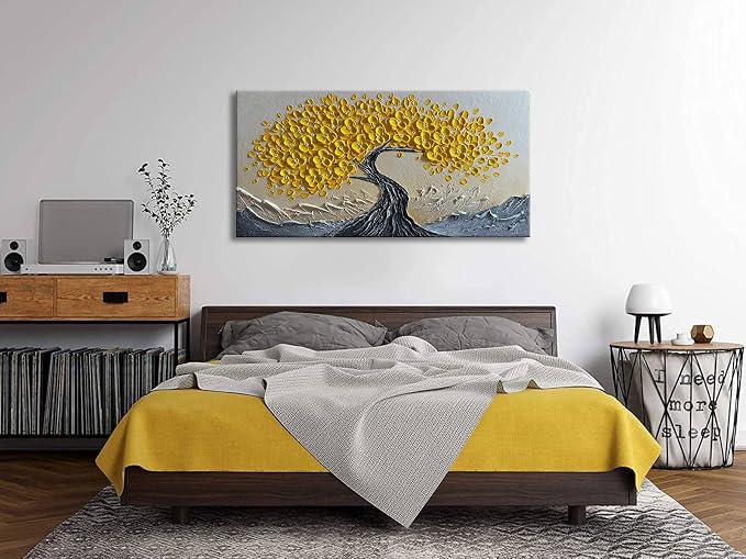 zoinart 3D Oil Paintings, 24"x48", Texture Yellow Tree Wall Art, Abstract Floral Painting Home Decorations Contemporary Art for Living Room Bedroom Office Kitchen Wall Decor