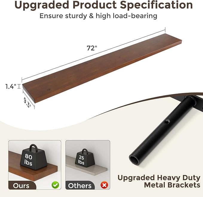 Axeman 72 Inch Floating Shelves for Wall, 9.3" Deep High End Solid Real Wood Wall Shelves with Heavy Duty Invisible Bracket for Living Room, Bedroom, Kitchen, Bathroom, Set of 1, Walnut Finish