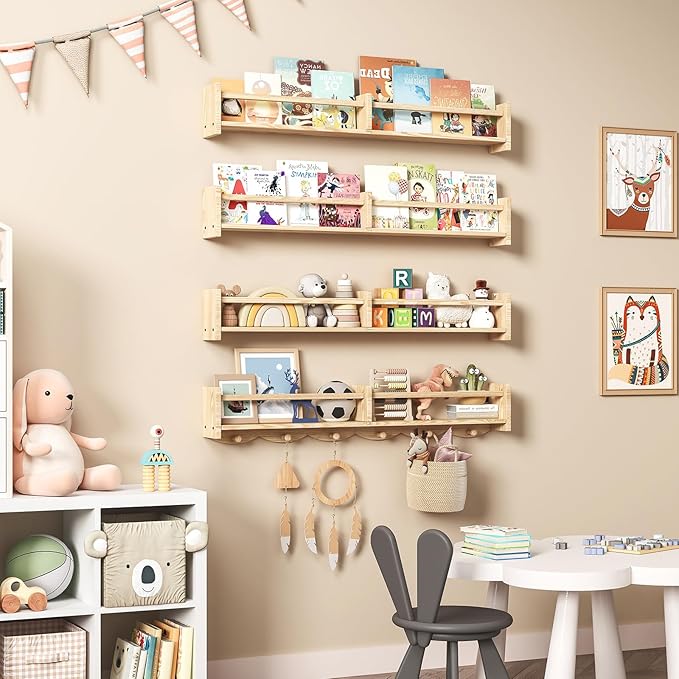 34Inch Nursery Bookshelves,Set of 4,Wall Floating Shelf Kids Coat Rack with 6Hooks,Hanging Book Shelf for Baby Nursery Room Décor， Patent Number: 29958098(Burlywood, 34)