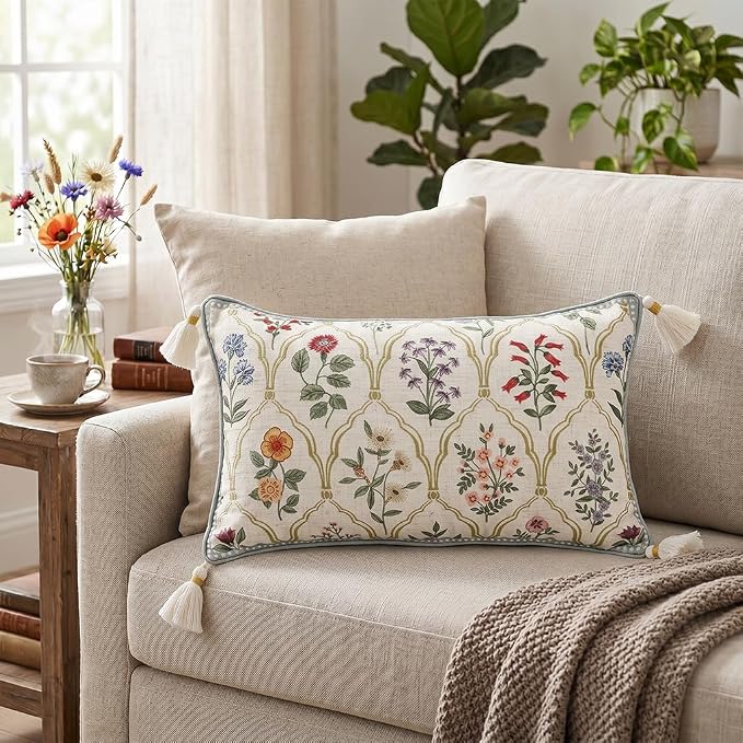ISAENNE Designer Linen Throw Pillow Cover,Set of 2,20"x12"-Serenity B | French Elegant Rectangle Decor Pillow Cover,Concealed Zipper Design,Colorful Floral Pattern,Sofa,Bedroom,Living Room,Chair