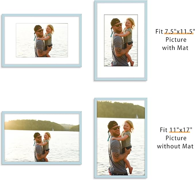 Picrit 11x17 Picture Frame Set of 12, Display 8x12 with Mat or 11x17 without Mat, Photo Frames for Wall Mounting Display, Blue