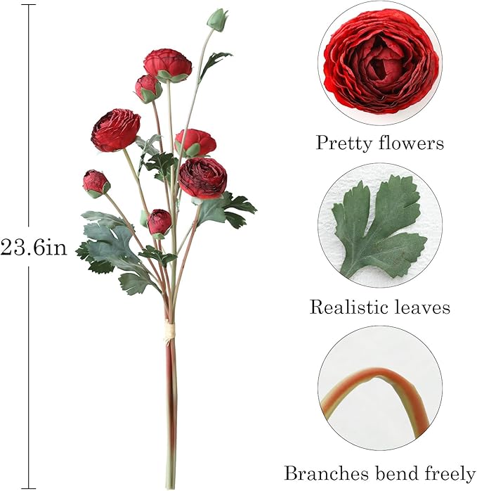 6Pcs Realistic Silk Red Ranunculus Artificial Flowers Long Stems, 23.6" Tall Fake Flowers Faux Flowers Suit for Year-Round Home Decoration, Wedding, Bridal Bouquets, Office