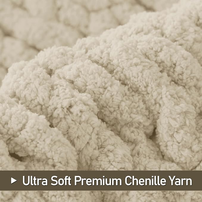 Chunky Knit Throw Blanket 60x80, 100% Handmade Chenille Yarn | 6.7lbs Soft Thick Cable Knitted Blankets, Large Rope Knot Crochet Throws for Couch Sofa Bed Machine Washable, Light Beige