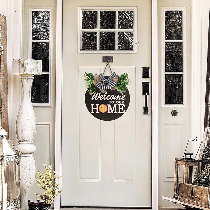Interchangeable Welcome Sign for Front Door Decoration with 4 Seasonal Wreaths and 14 Holiday Icons, Black Welcome Door Hanger, Rustic Wooden Front Porch Sign Home décor（Black）