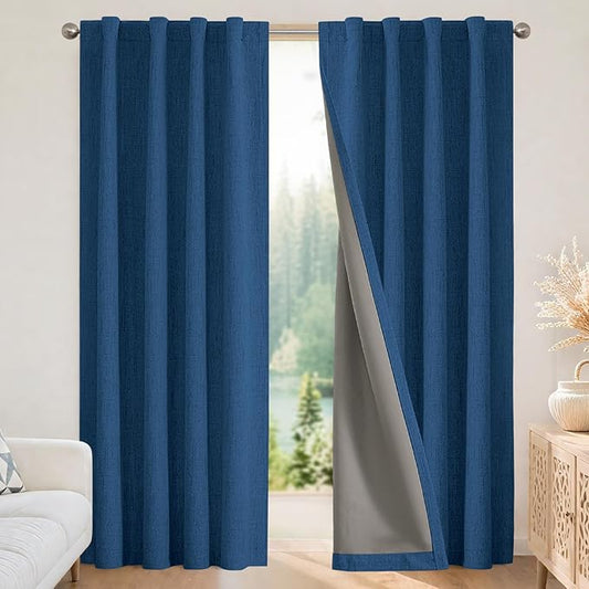 Joydeco Blackout Curtains for Bedroom - 100% Light Blocking 2 Panels Navy Blue Drapes 42" W x 108" L, Thermal Insulated Room Darkening Curtains, Linen Textured for Living Room, Rod Pocket & Back Tabs