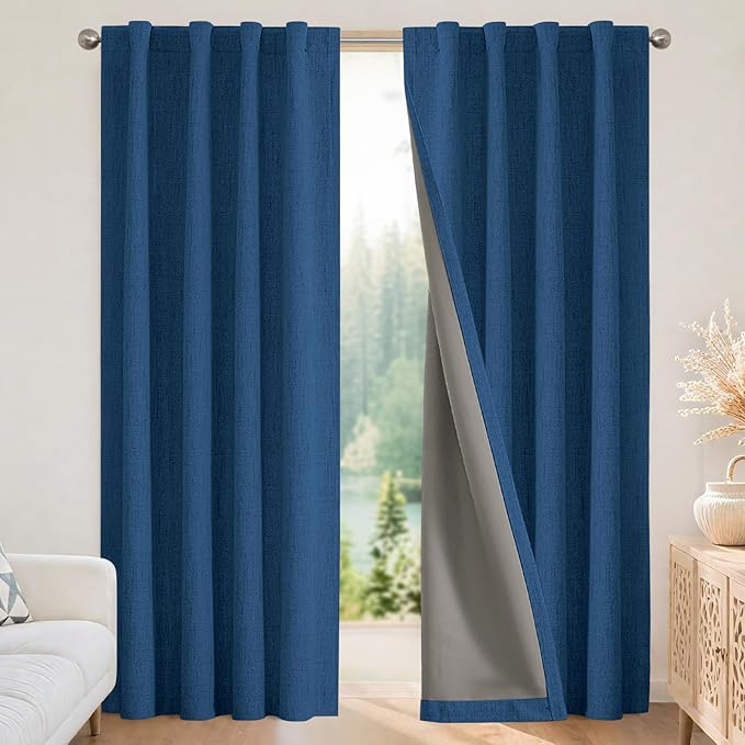 Joydeco Blackout Curtains for Bedroom - 100% Light Blocking 2 Panels Navy Blue Drapes 42" W x 84" L, Thermal Insulated Room Darkening Curtains, Linen Textured for Living Room, Rod Pocket & Back Tabs