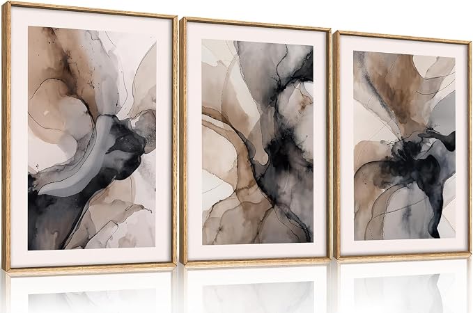 Large Abstract Neutral Framed Canvas Wall Art,Watercolor Black Ink Wall Decor,Modern Beige Brown Prints,Minimalist Line Artwork for Living Room,Bedroom,Dining Room,Office-16 x24 x3