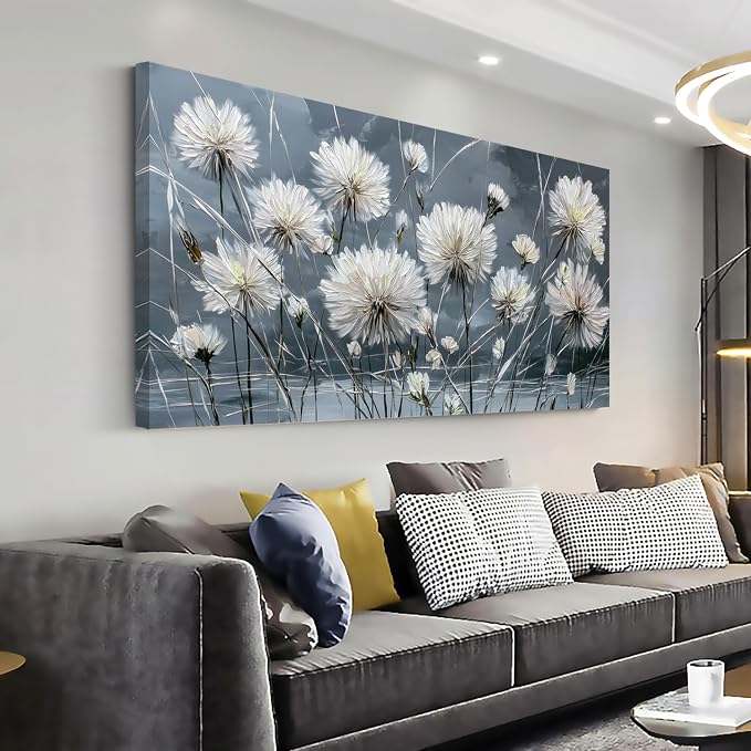 Ggaafet White Dandelion Wall Art for Bedroom Canvas Oil Painting Prints Beautiful Flower Floral Blooming Art Deco Modern Artwork Office Family Dining Room Decor
