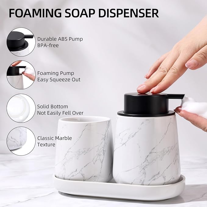 BosilunLife Ceramic Bathroom Accessories Set 3 Pcs, Foaming Soap Dispenser and Toothbrush Holder with Tray, Modern Farmhouse Vanity Decor, Narble Pattern Housewarming Gift