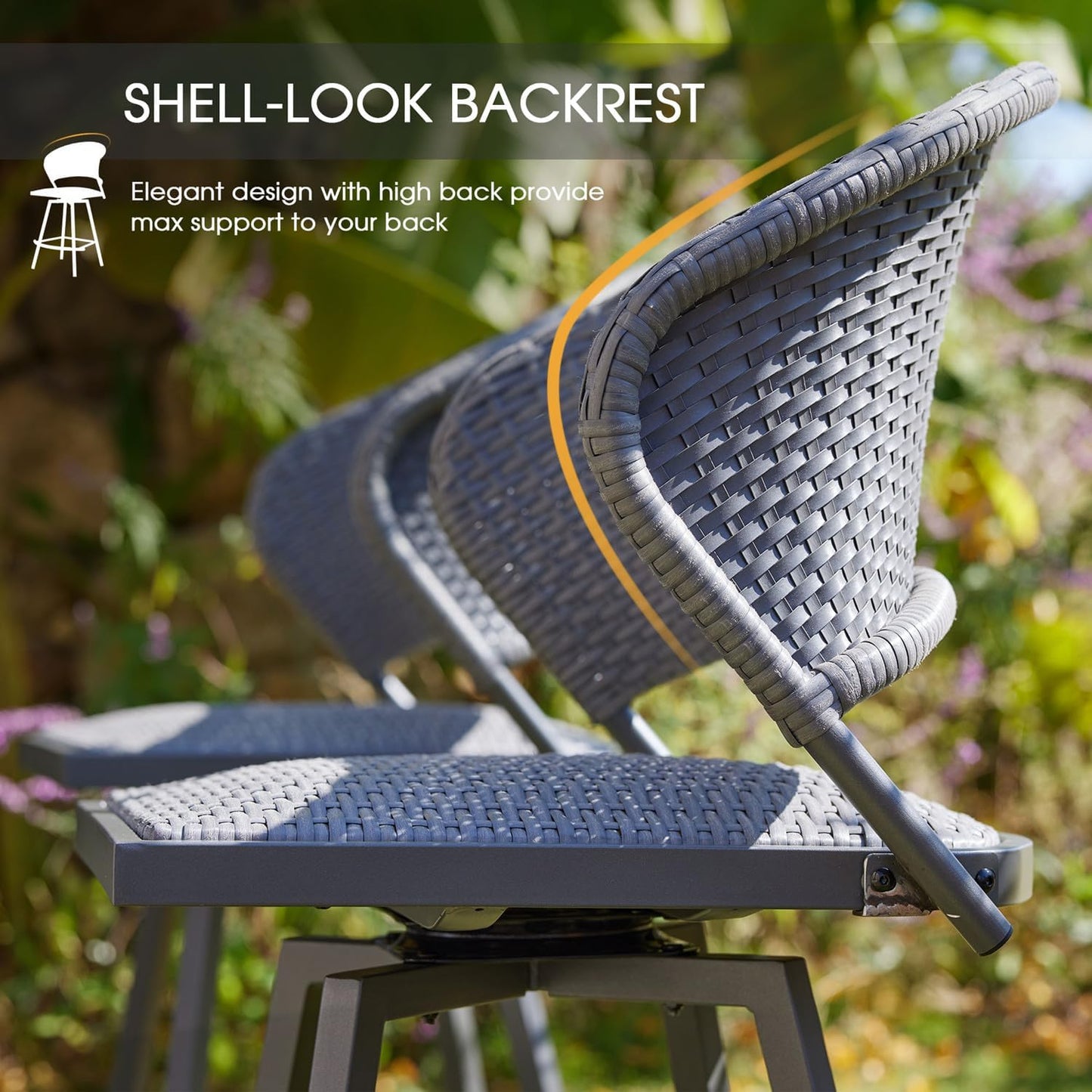 VICLLAX Patio Bar Stool Chairs with Footrests and Padded Seat, Bar Height Swivel Patio Chairs Set of 6, Woven Wicker Swivel Bar Stools for Lawn Garden, Grey